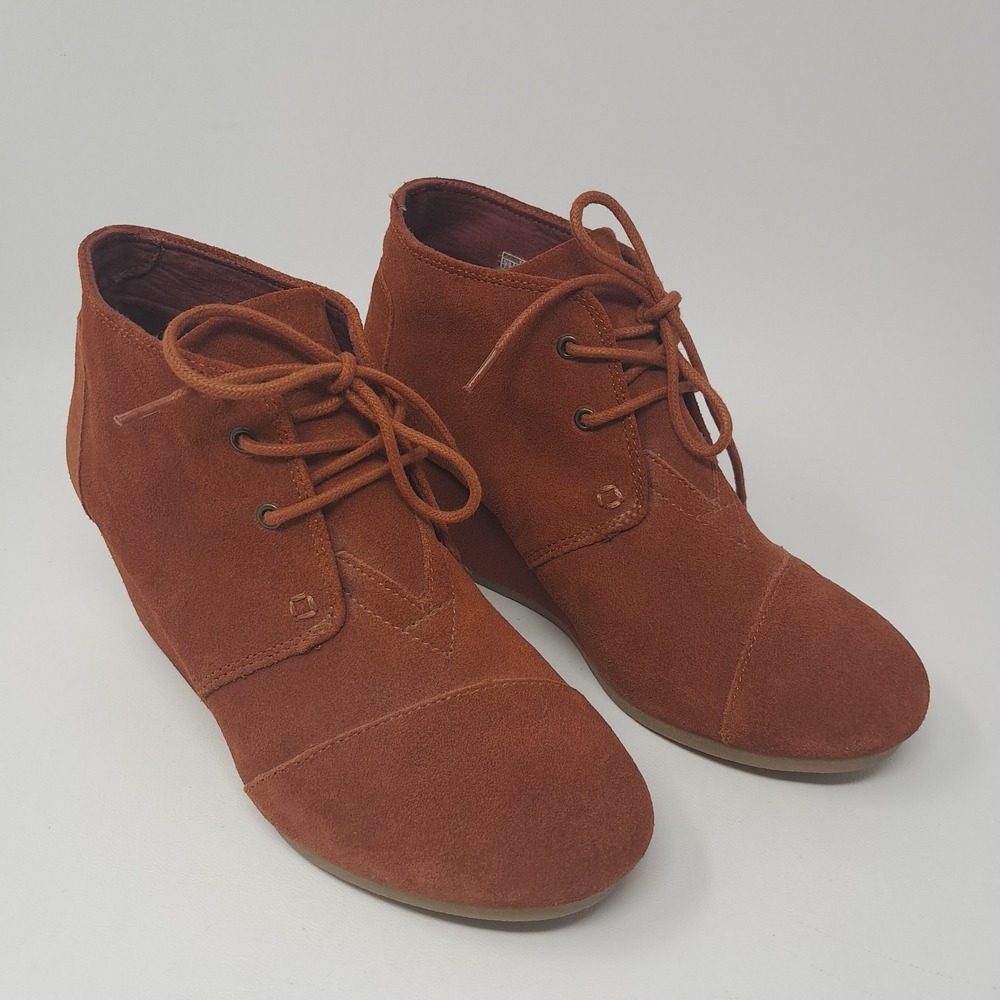 Toms Kala Suede Wedge Booties Chestnut Brown Lace Up Ankle Boots Womens Size 7.5